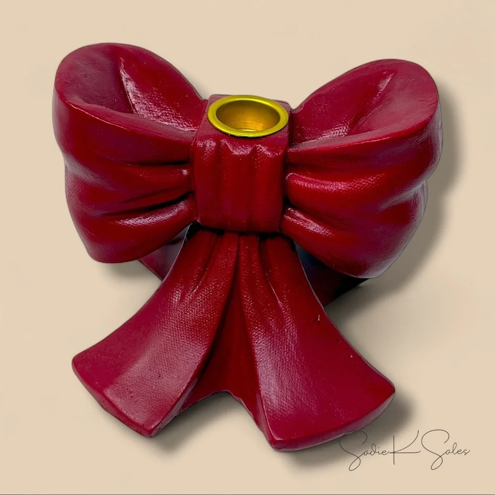Red Resin Bow‎ Christmas Taper Candle Holder, 4.25